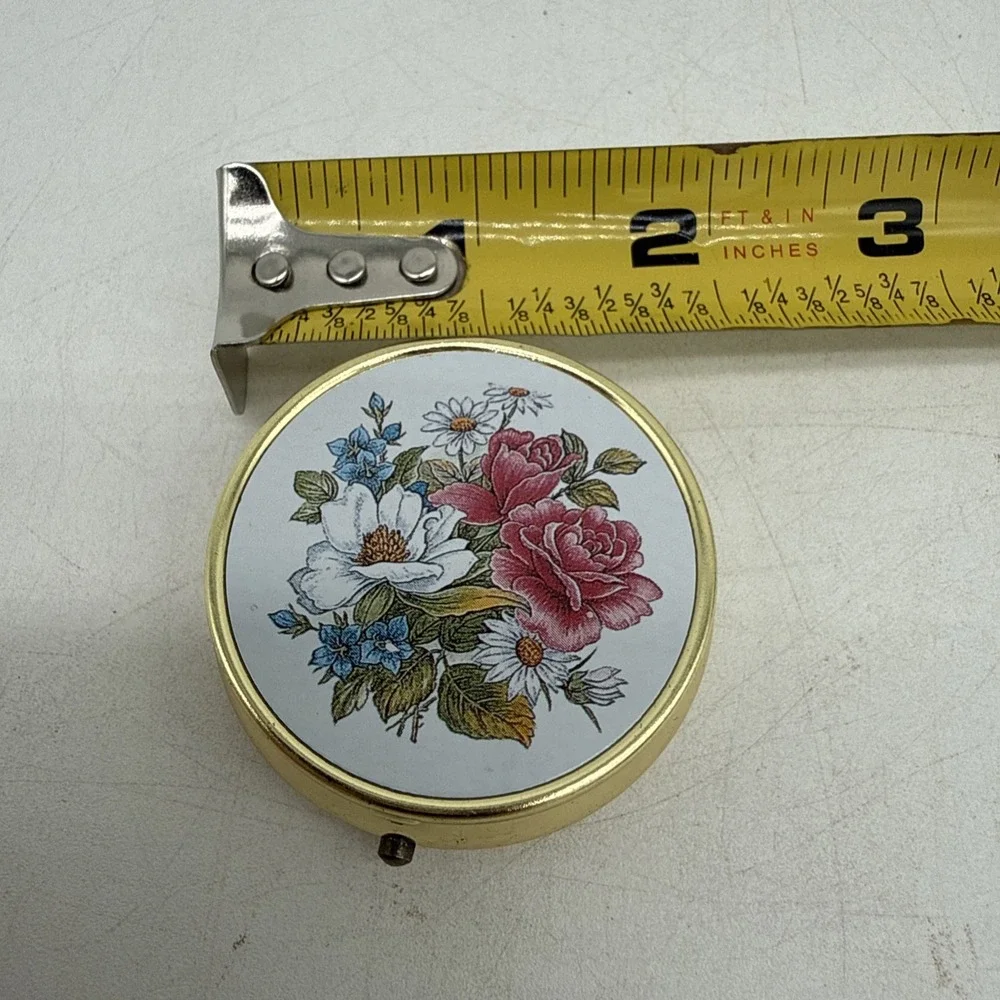 Vintage Gold Tone Floral Pill Box Round Hinged